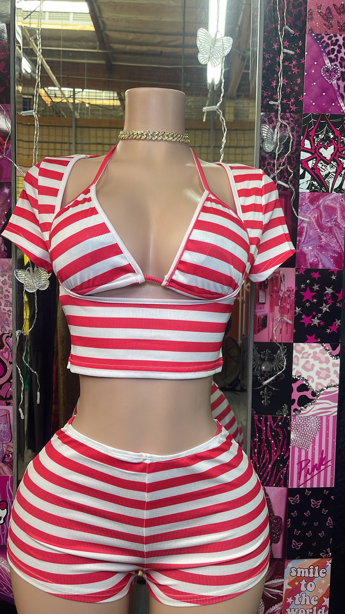 Pink &amp; White Striped Short Set