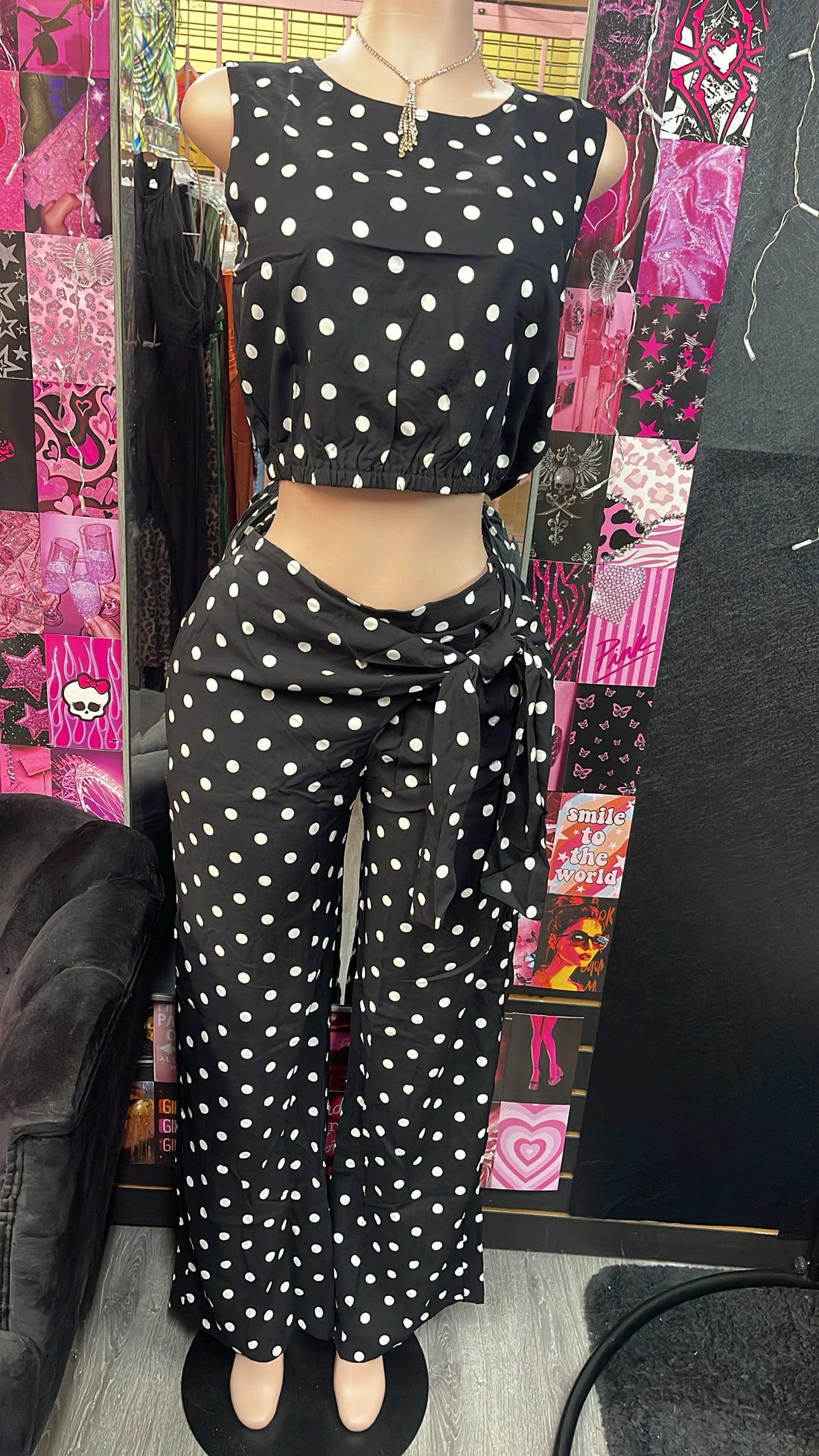 Black &amp; White Polka Dot Pants Set