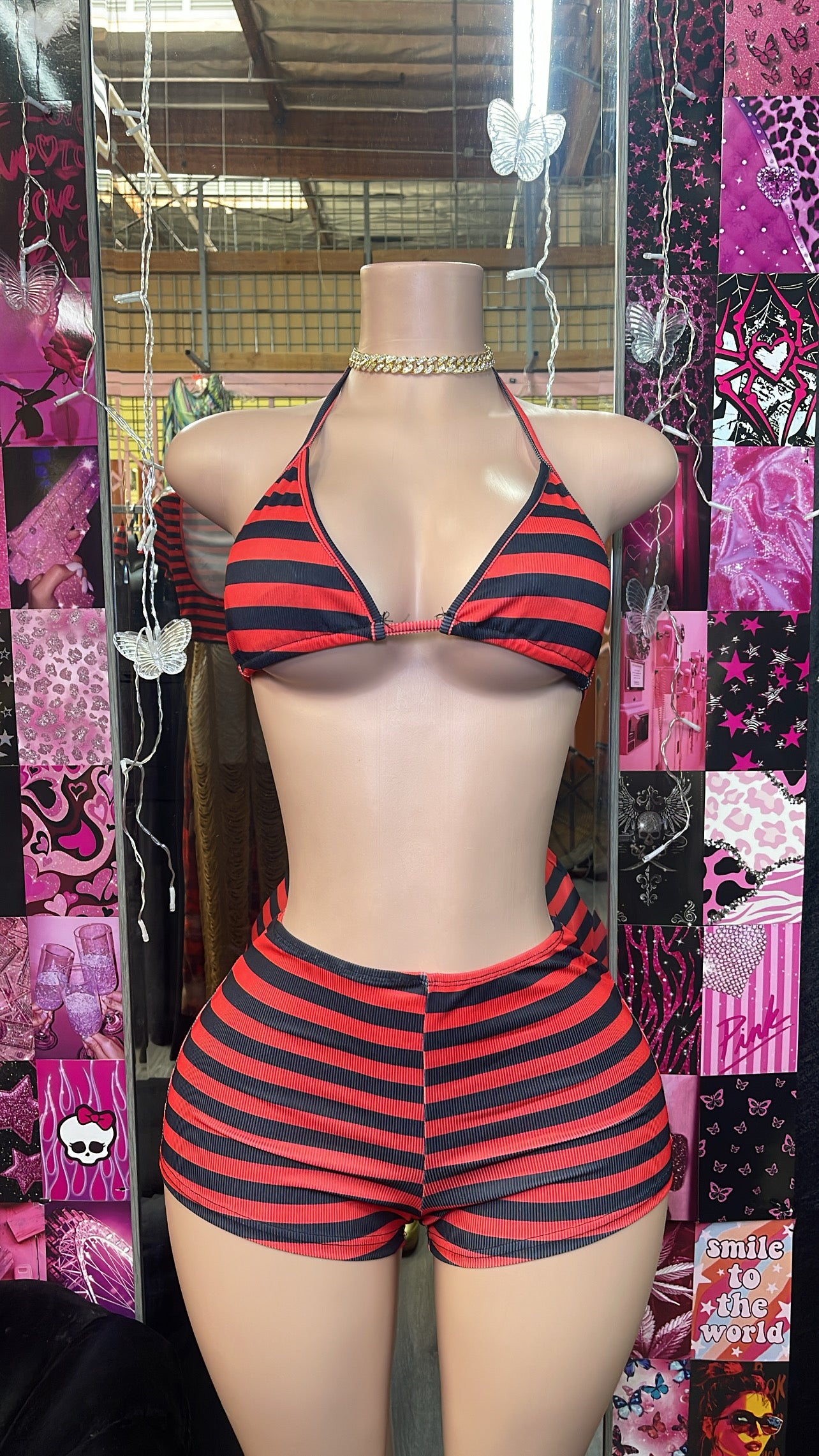 Red &amp; Black Striped Short Set