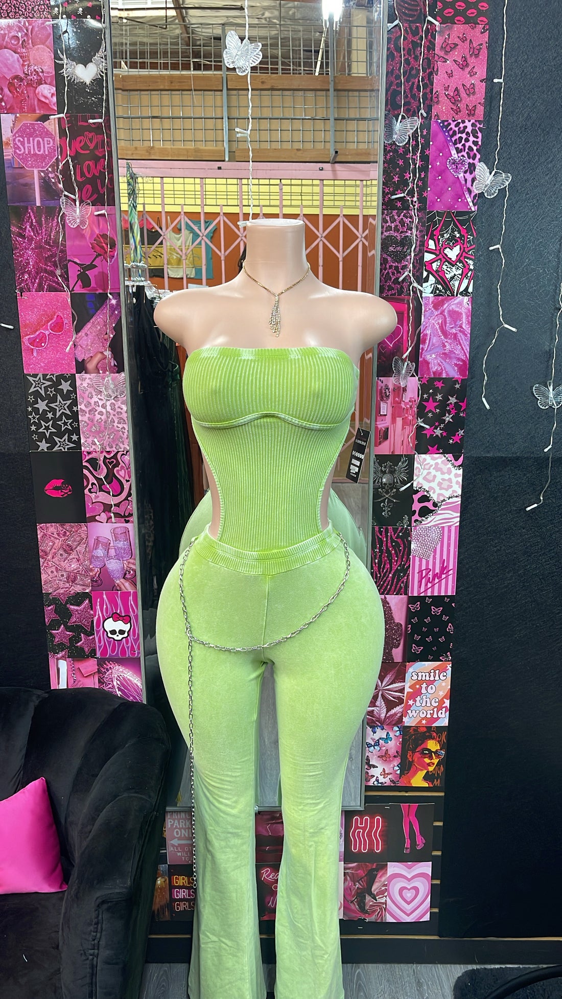Green Strapless Open Back Jumpsuit