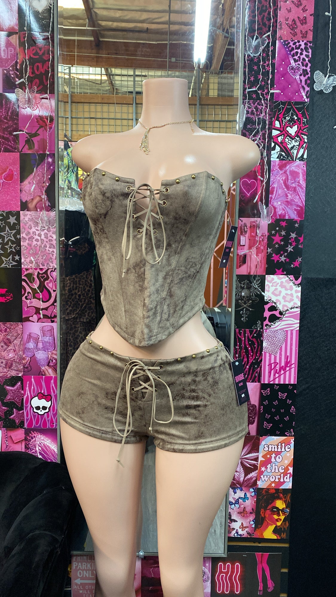 Brown Suede Corset Short Set