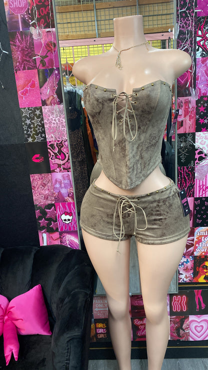 Brown Suede Corset Short Set