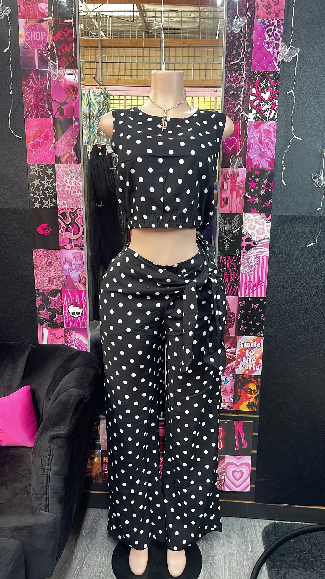 Black &amp; White Polka Dot Pants Set